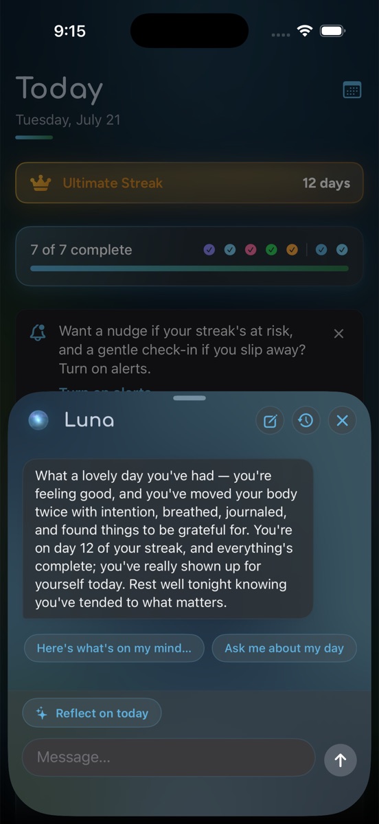 Luna, the Moonpool companion, reflecting on the day in a chat overlay
