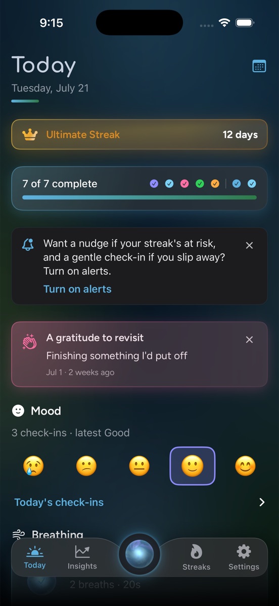 Moonpool Today screen showing streak, mood check-in, and daily practices